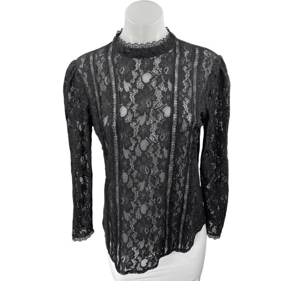 Reformation Kruger Black Floral Lace Long Sleeve Mock Neck Sheer Blouse Top Sz S - Picture 1 of 3